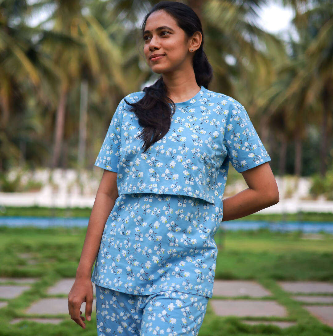 Blue Blossom Printed Maternity Lounge Wear Co-ord Set