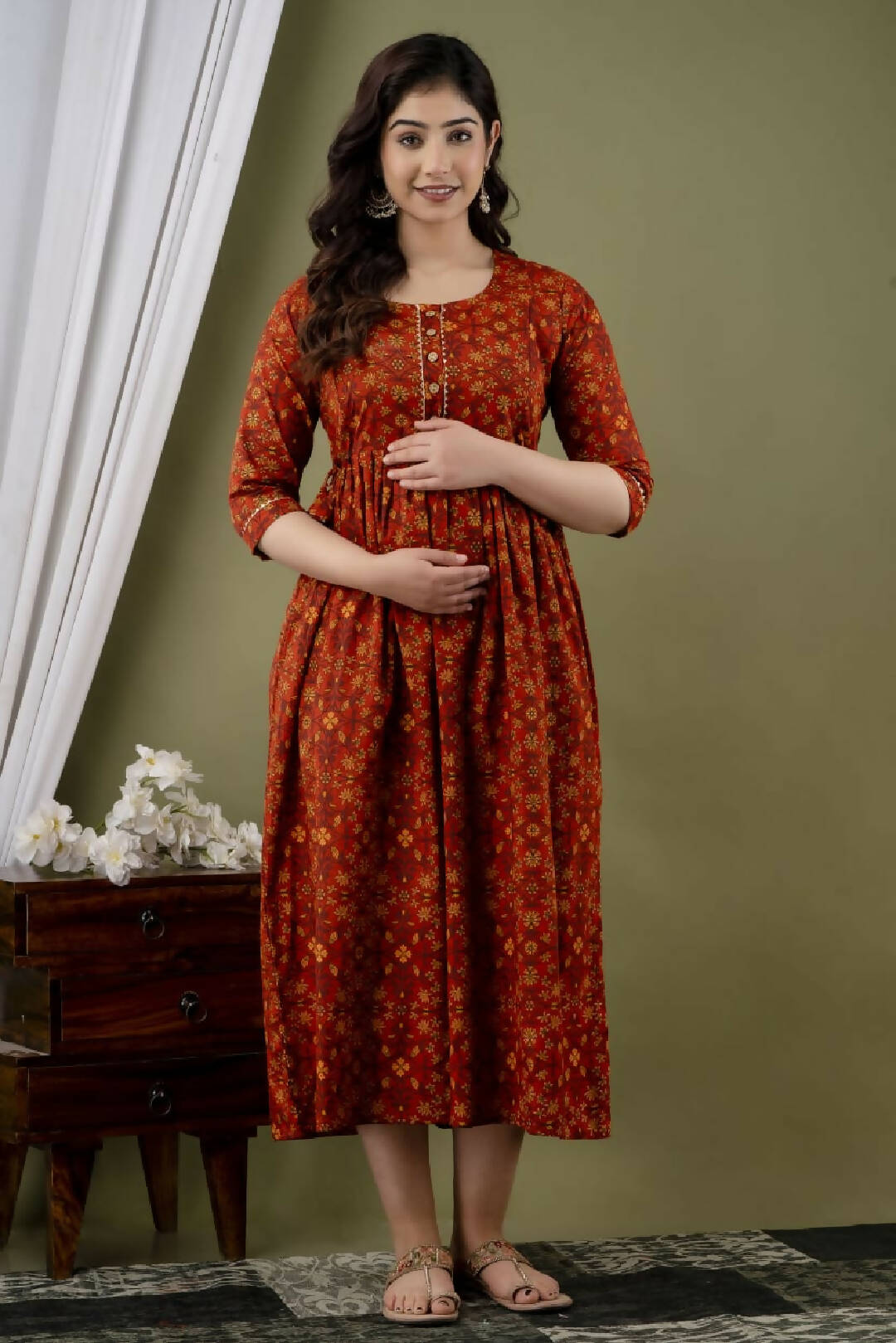 Red Hibiscus Cotton Feeding Kurti