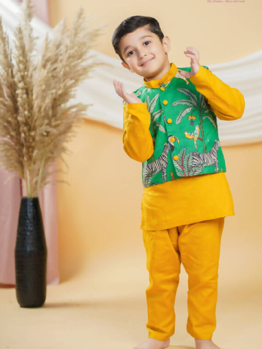 Mustard Kurta Pajama With Green Animal Print Jacket