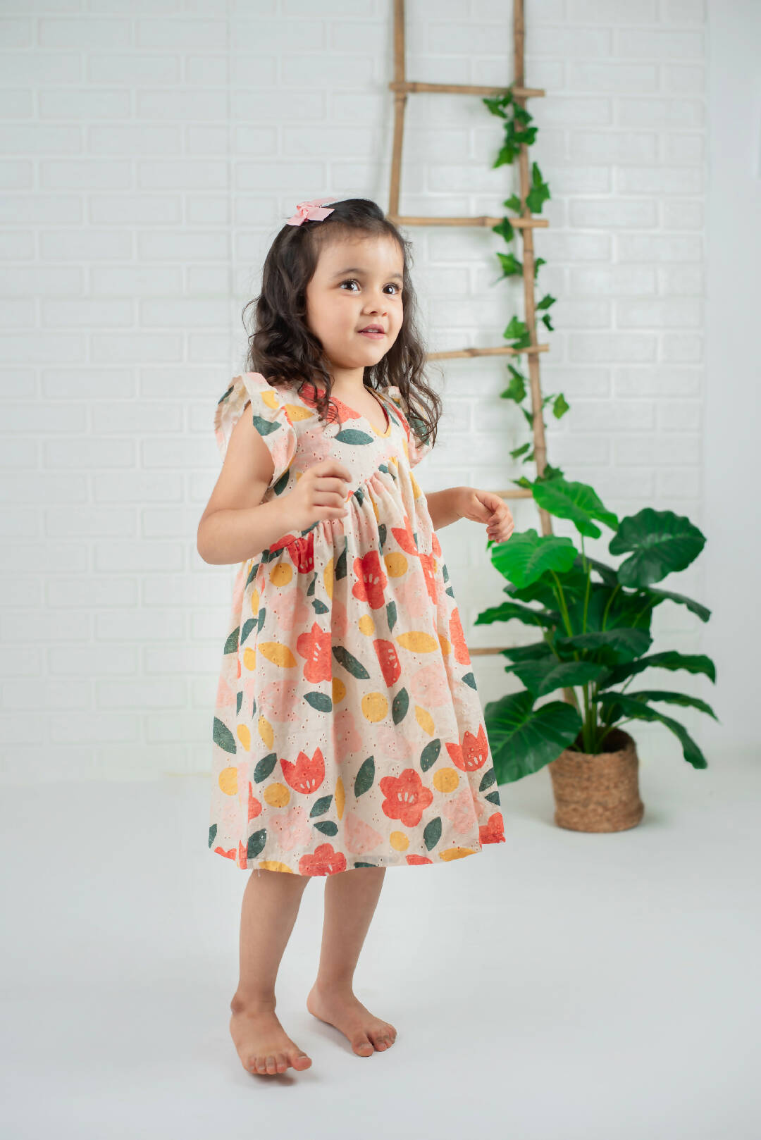 Orange Hakoba Cotton Printed Girls Frock