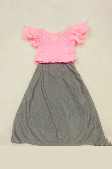 Pink Chiffon Ruffle Top with Grey Skirt - Girls Party Wear