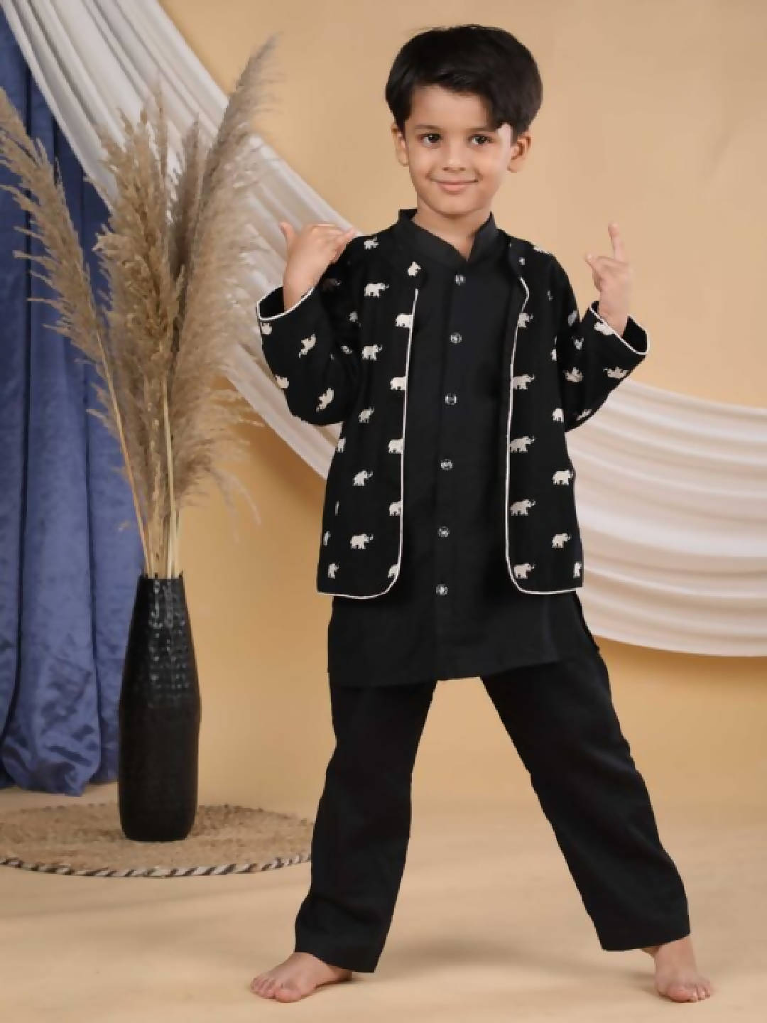 Black Full Sleeves Jacket With Black Kurta Pajama