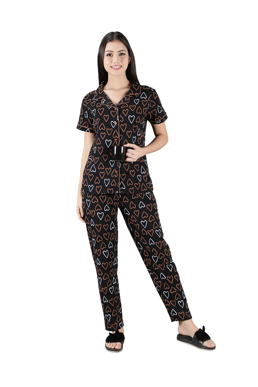 Black Heart Printed Cotton Women's Night Suit Set