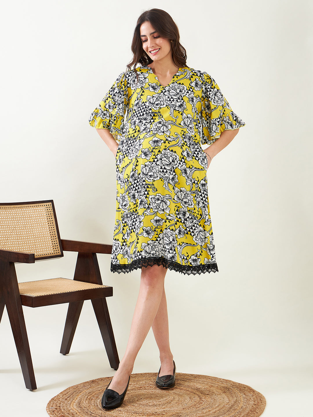 Yellow Abstract Floral Maternity Kaftan