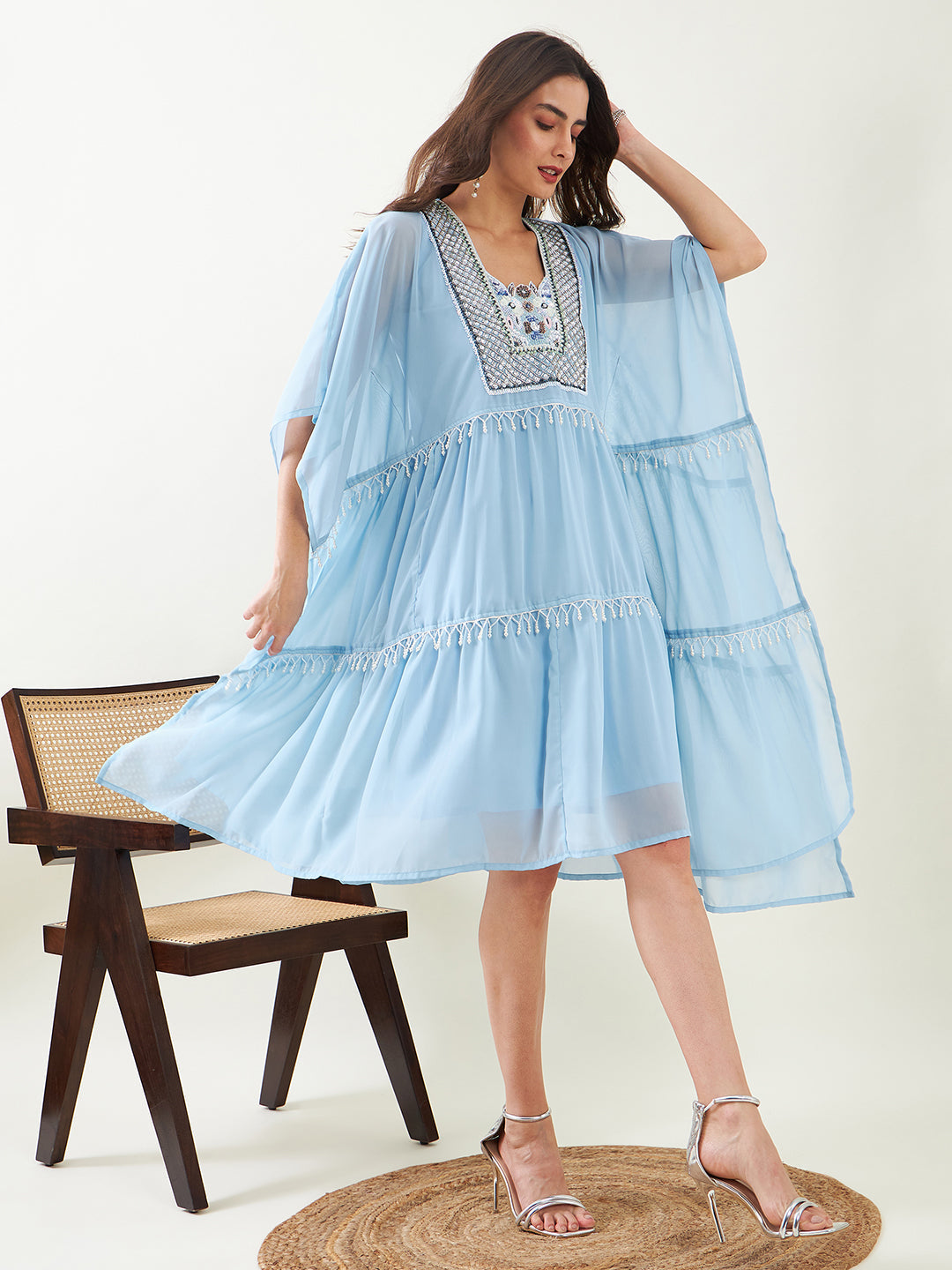 Blue Hand Embroidered Layered Tiered Party Kaftan