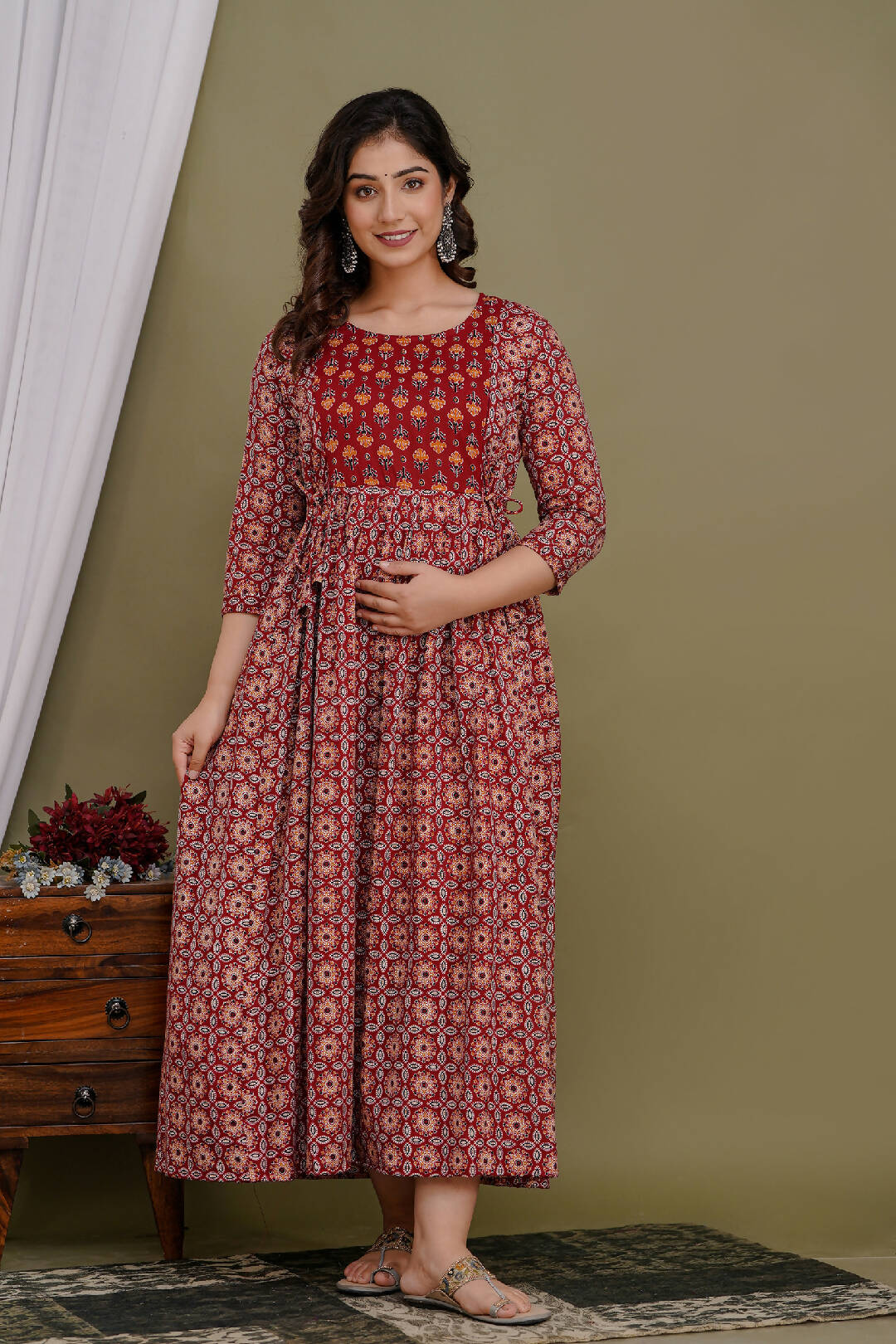 Red Block Floral Cotton Feeding Kurti