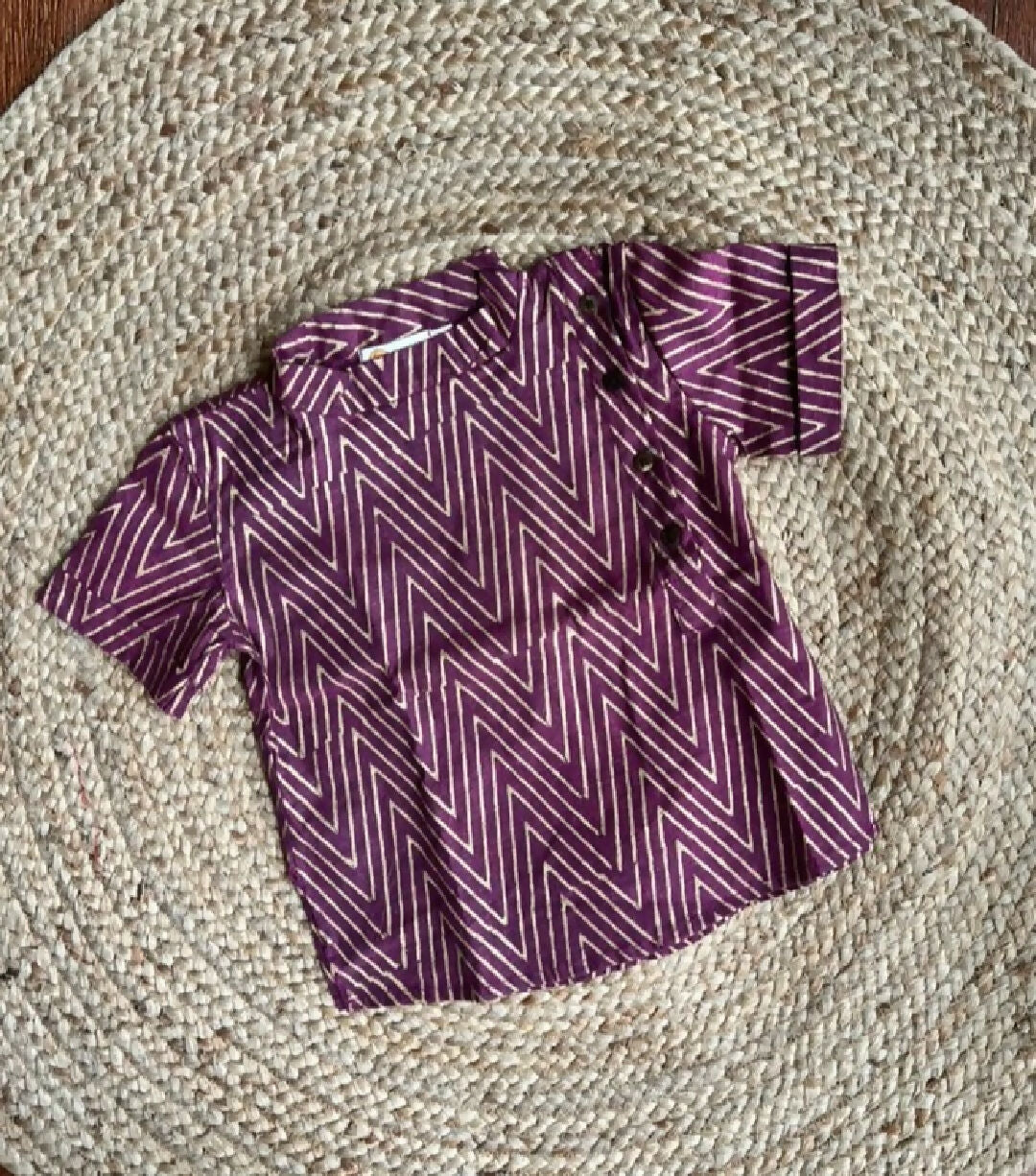 Klingaru Short Kurta - Festive Wine with Handblock Golden Zig Zag