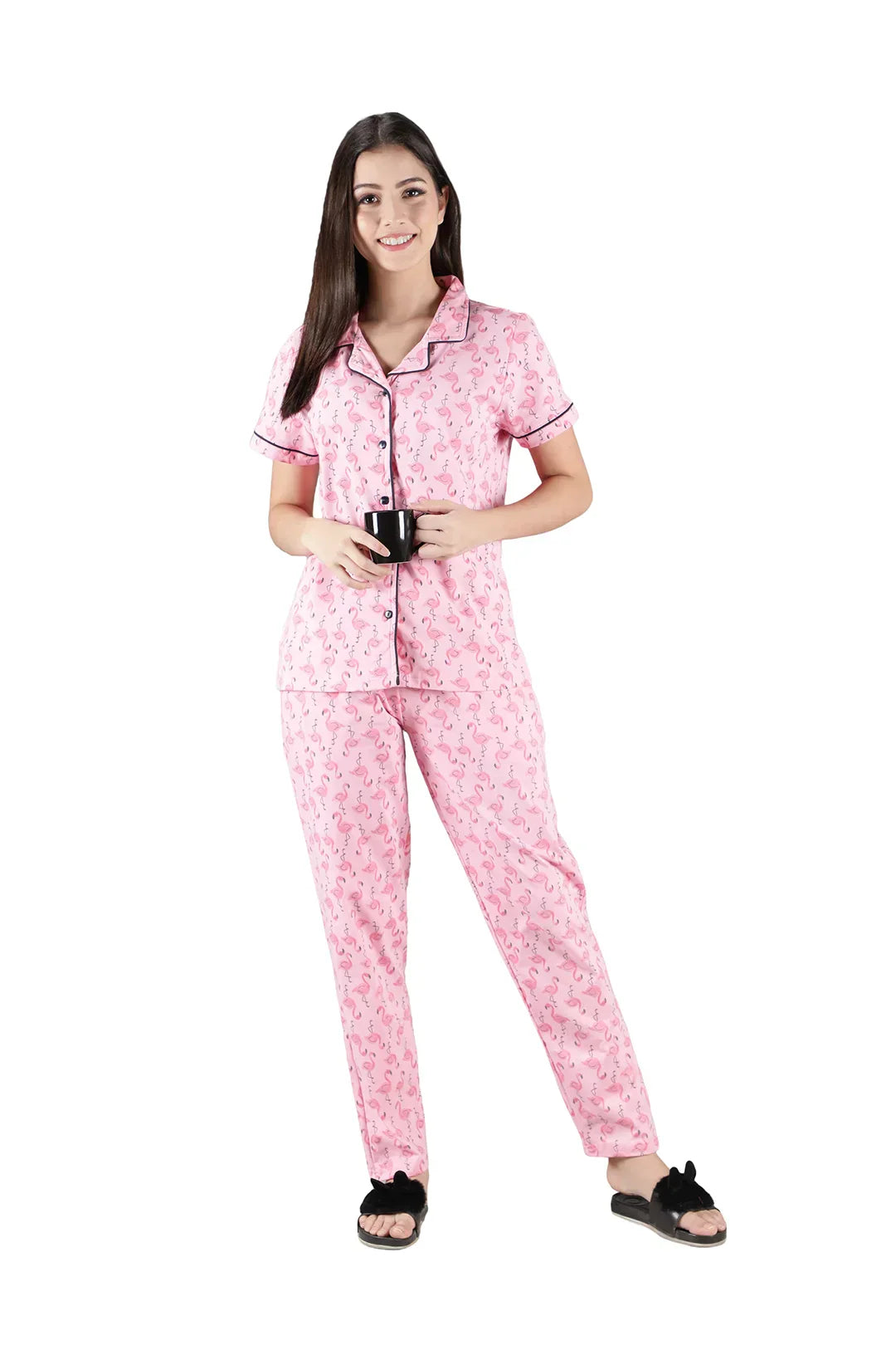 Flamingo Pink Cranes Bird Printed Cotton Women’s Night Suit Set