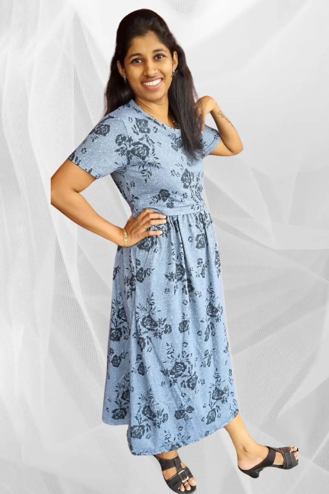 Grey Floral Printed Zipless Nursing Midi Dress