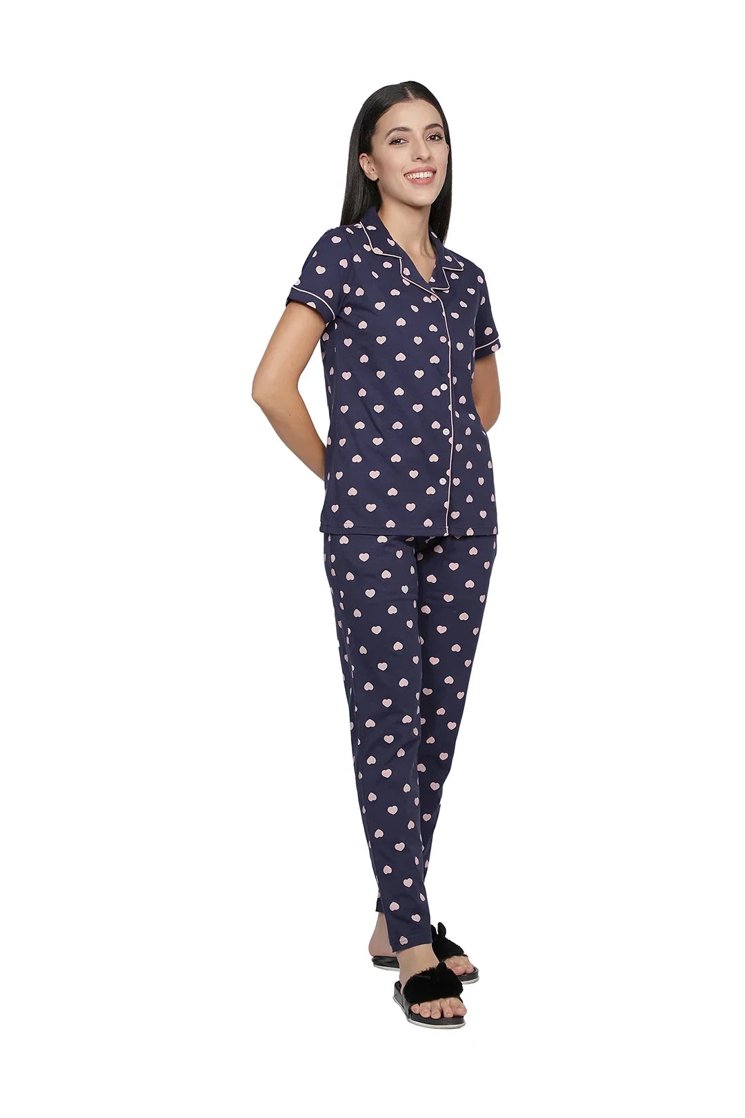 Indigo Blue Heart Cotton Printed Women's Night Suit Set