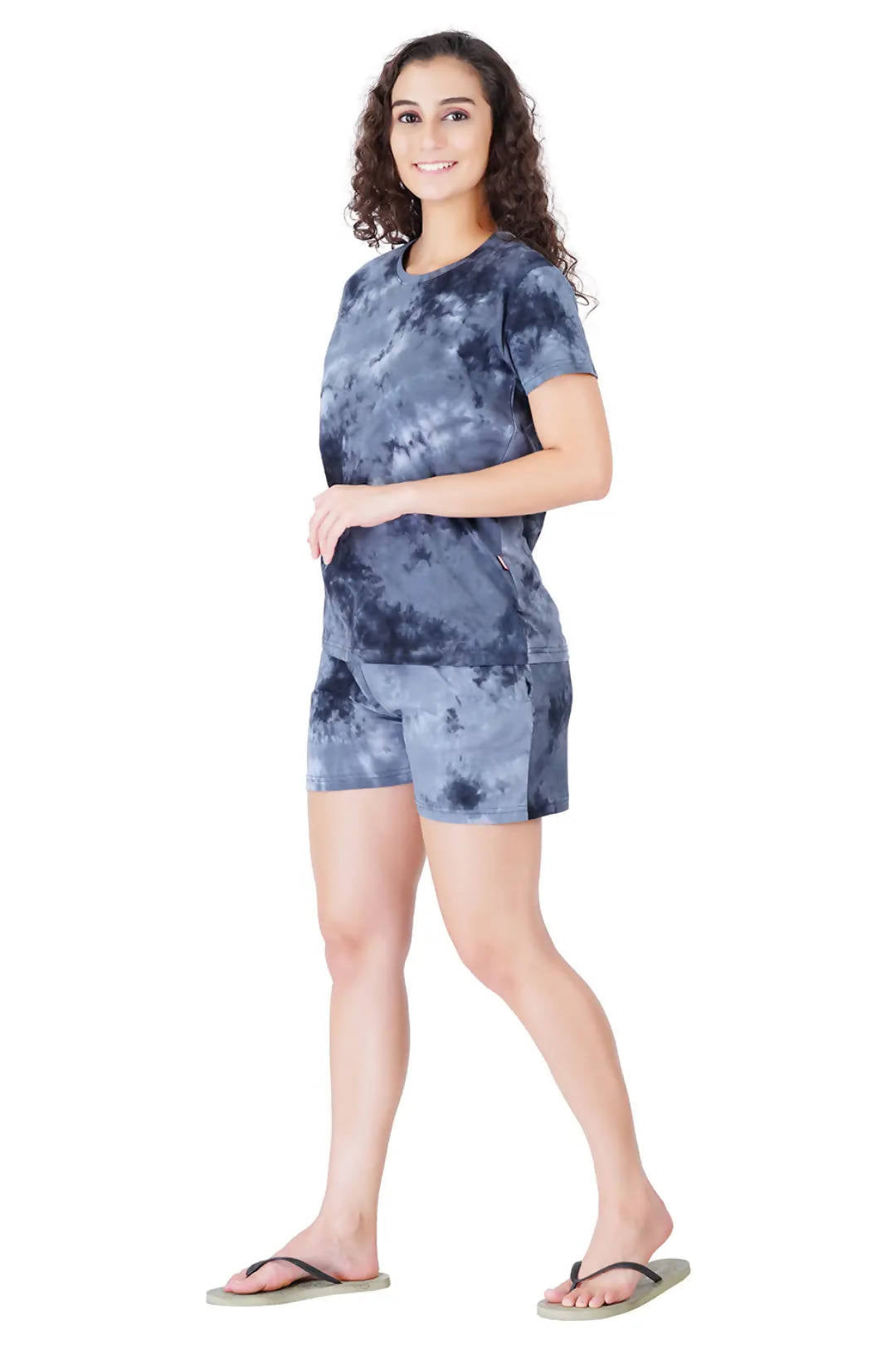 Charcoal Tie Dye Printed Short Sleeve Shorts Set for Women