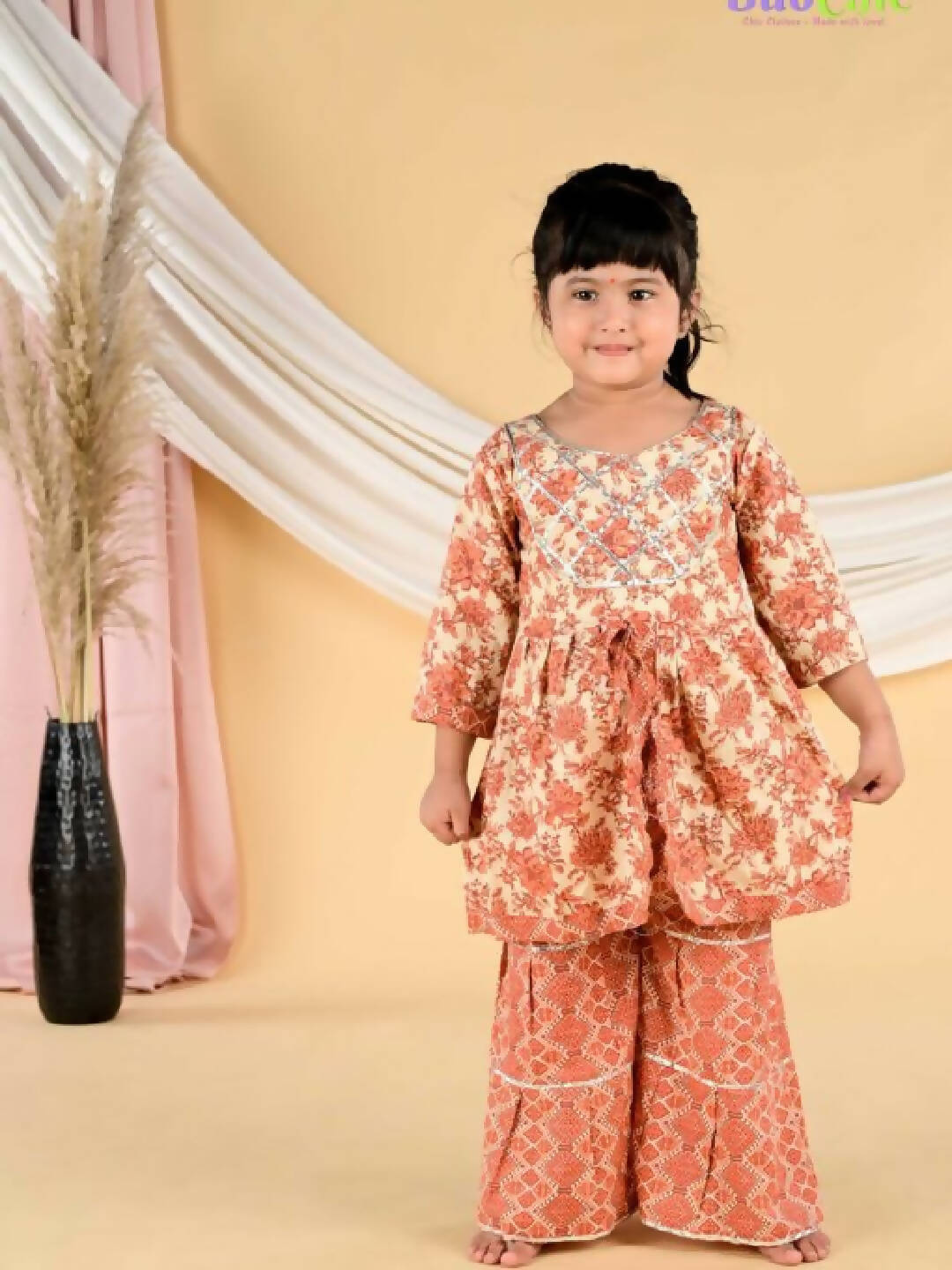 Rust Floral Kurta With Printed Gharara