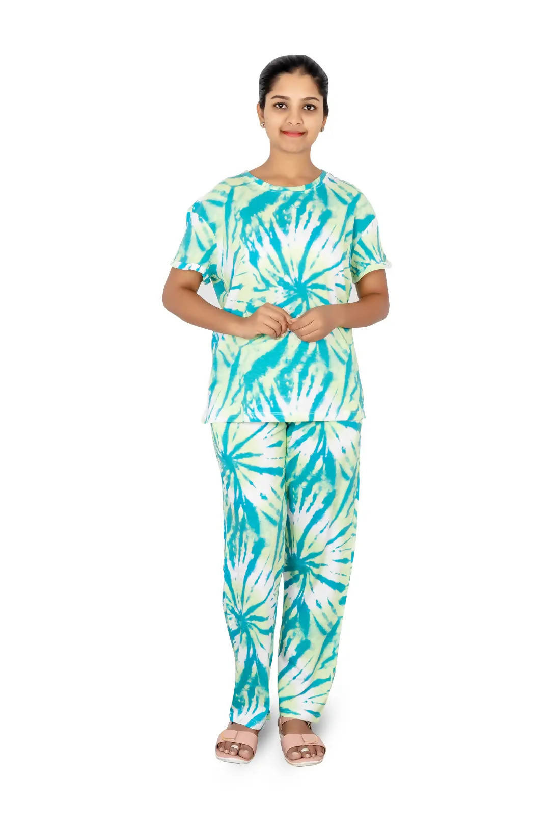 Ocean Blue Tie-Dye Striped Floral Print Women's PJ Set