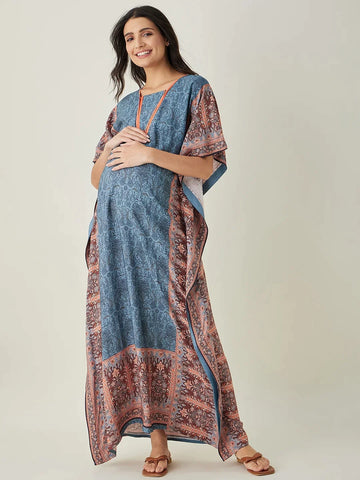 Blue Geometric Bloom Printed Nursing Kaftan