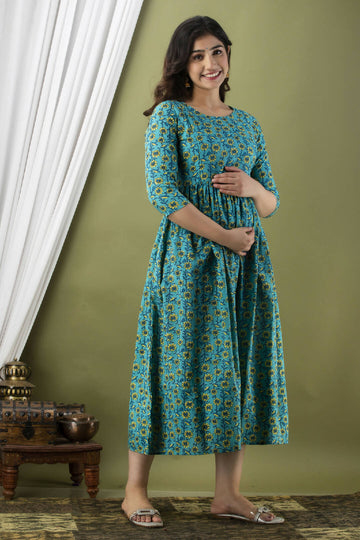 Blue Sanganeri Cotton Feeding Kurti