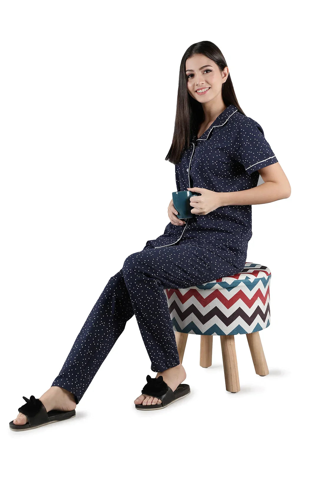 Navy Blue Heart Printed Cotton Women's Night Suit Set