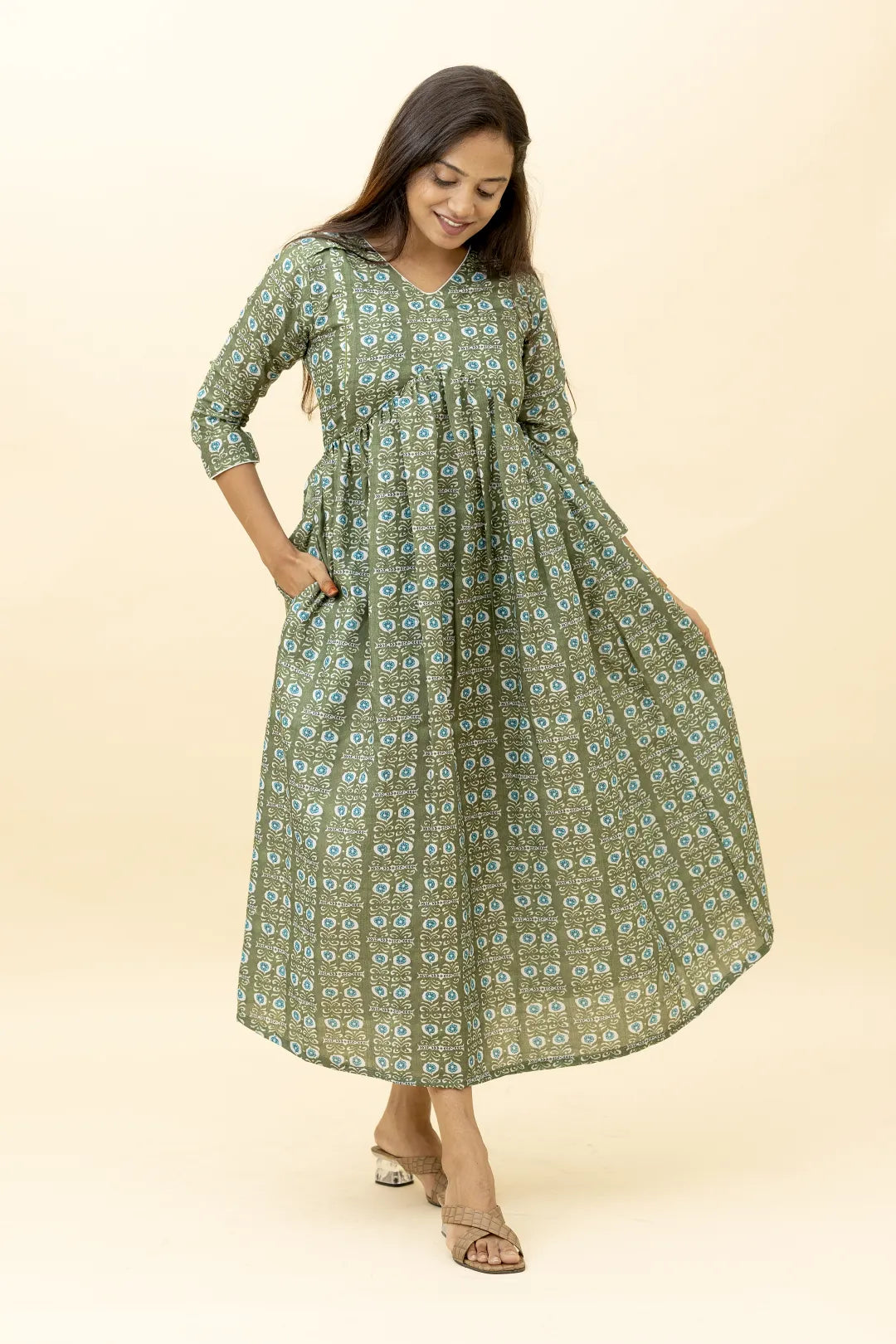 Meadow Green Bloom Ease Ajrakh Alia Cut Dress