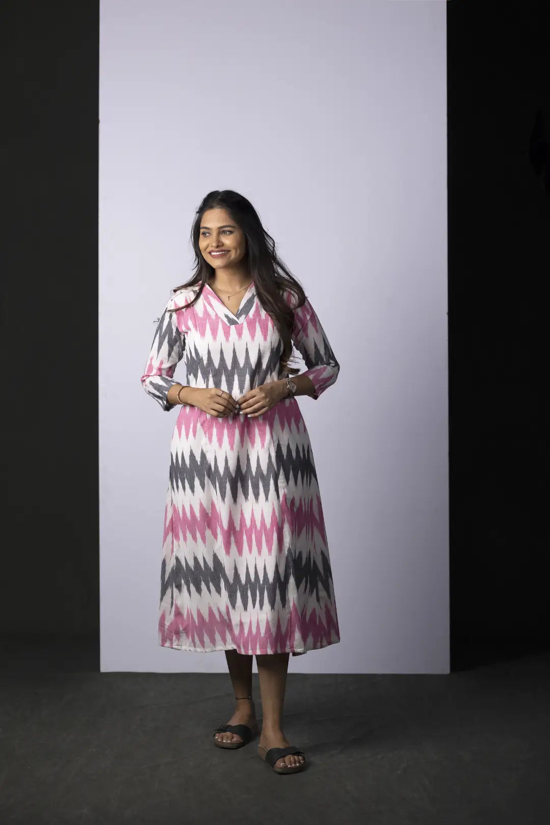 Pink And Grey Ikkat  Twinning Dress