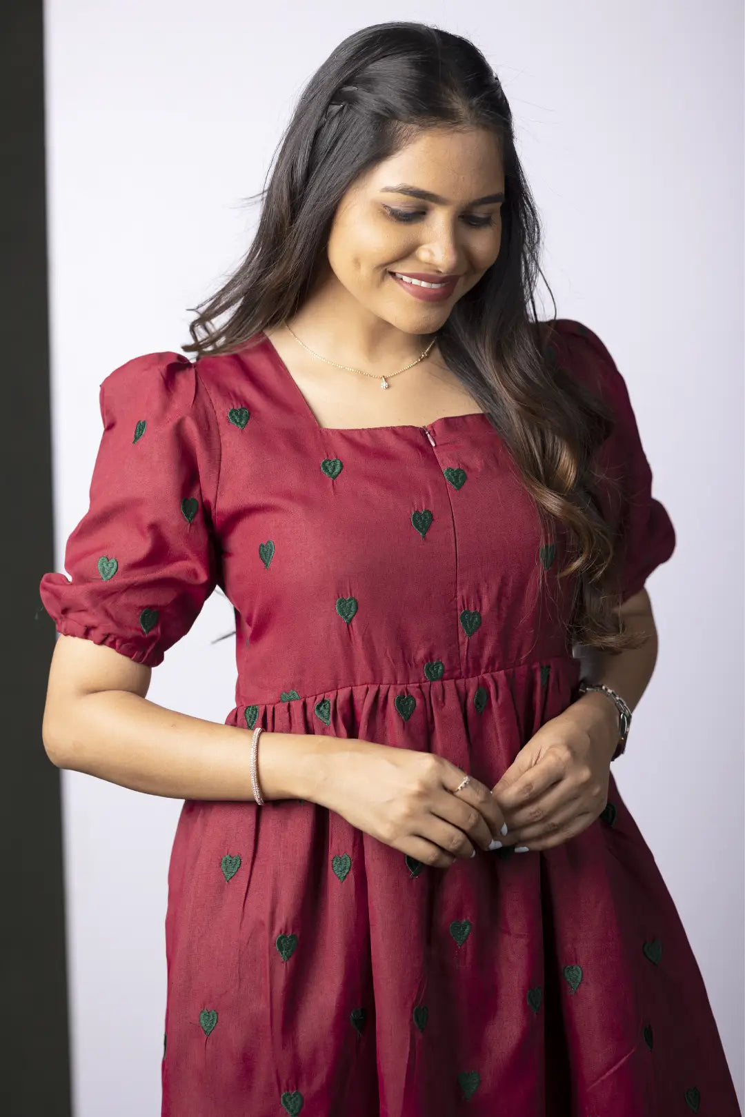 Maroon Heart Embroidered Nursing Dress