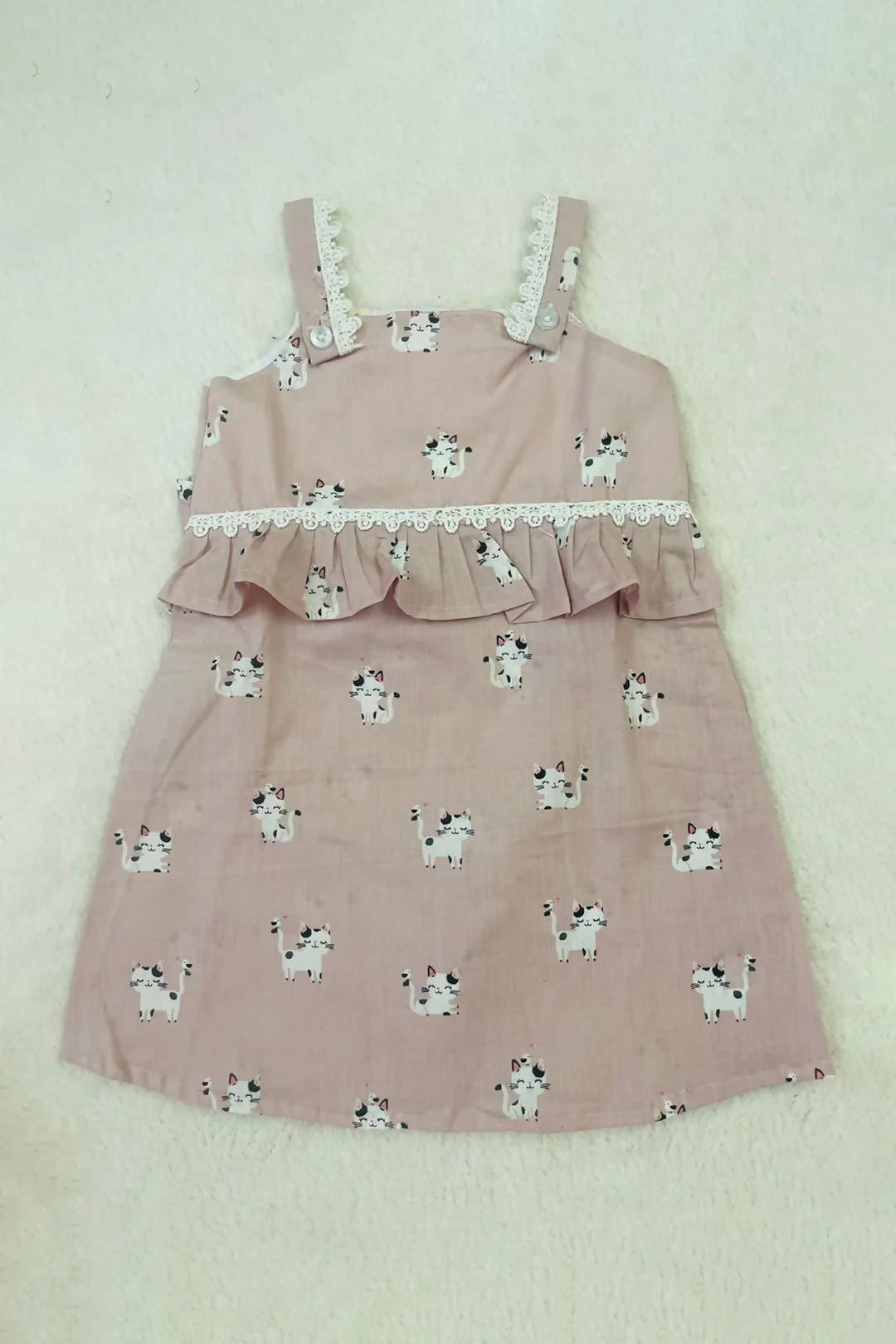 Pink Cat Pure Cotton Frock - Girls Daily Wear