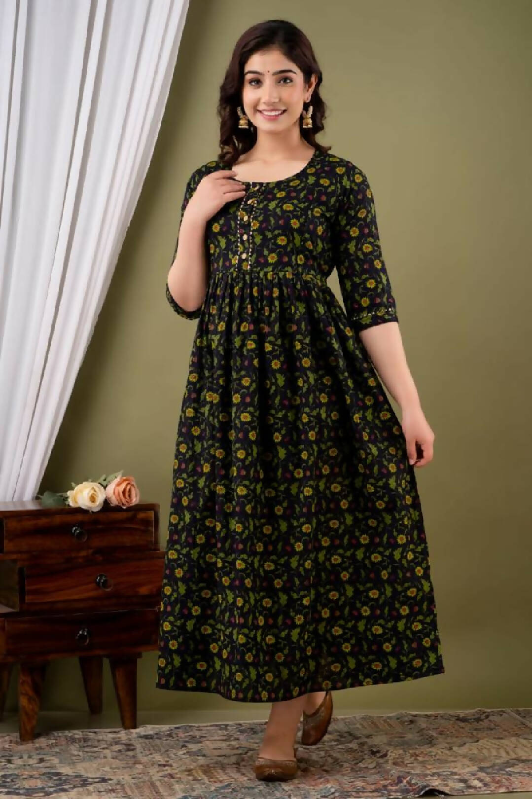 Dark Green Cotton Feeding Kurti