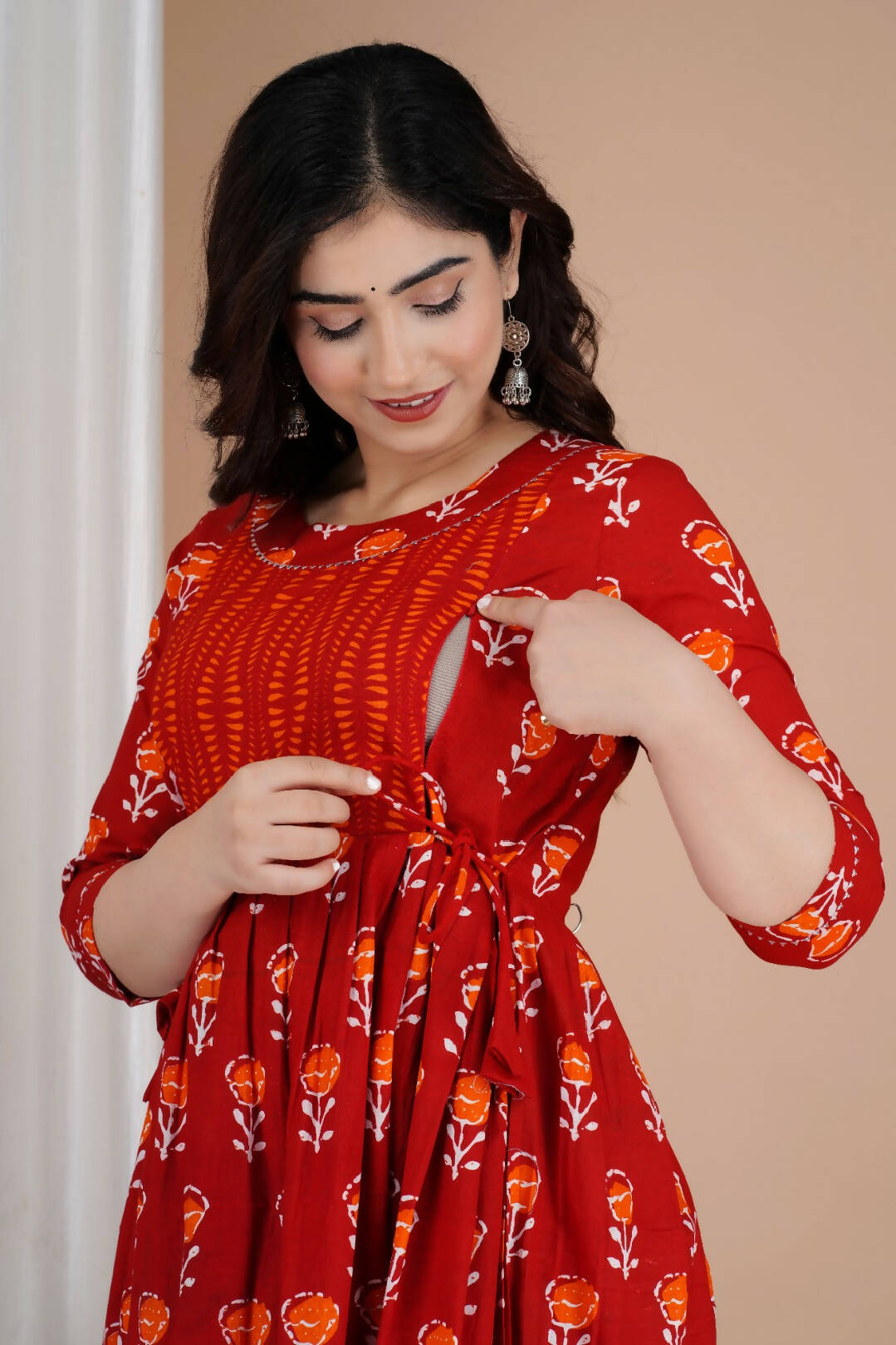 Cherry Cascade Red Cotton Feeding Kurti