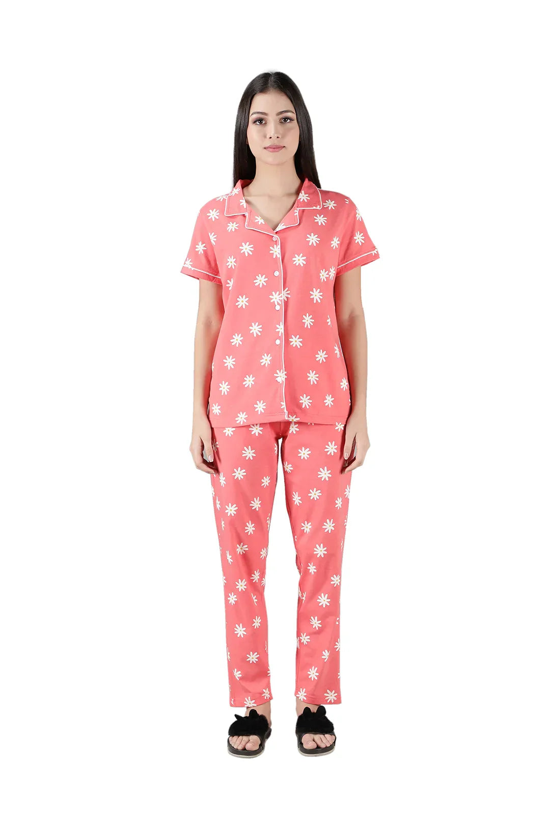 Peach Floral Printed Cotton Womenâ€™s Night Suit Set