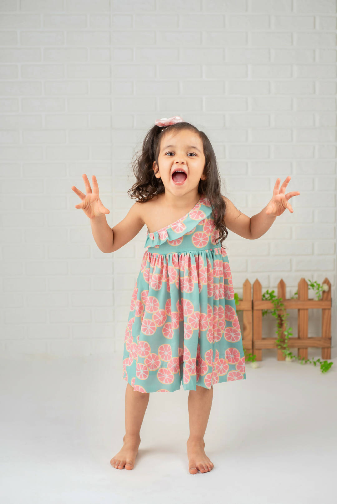 Green Citrus Cotton Printed Girls Frock