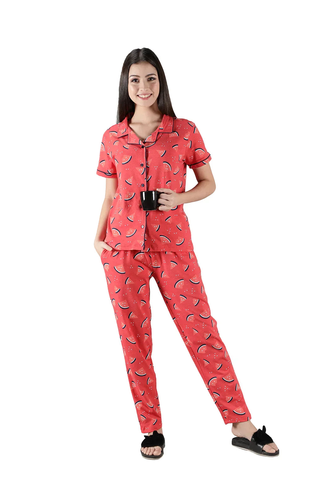 Red Water Melon Printed Cotton Women's Night Suit Set