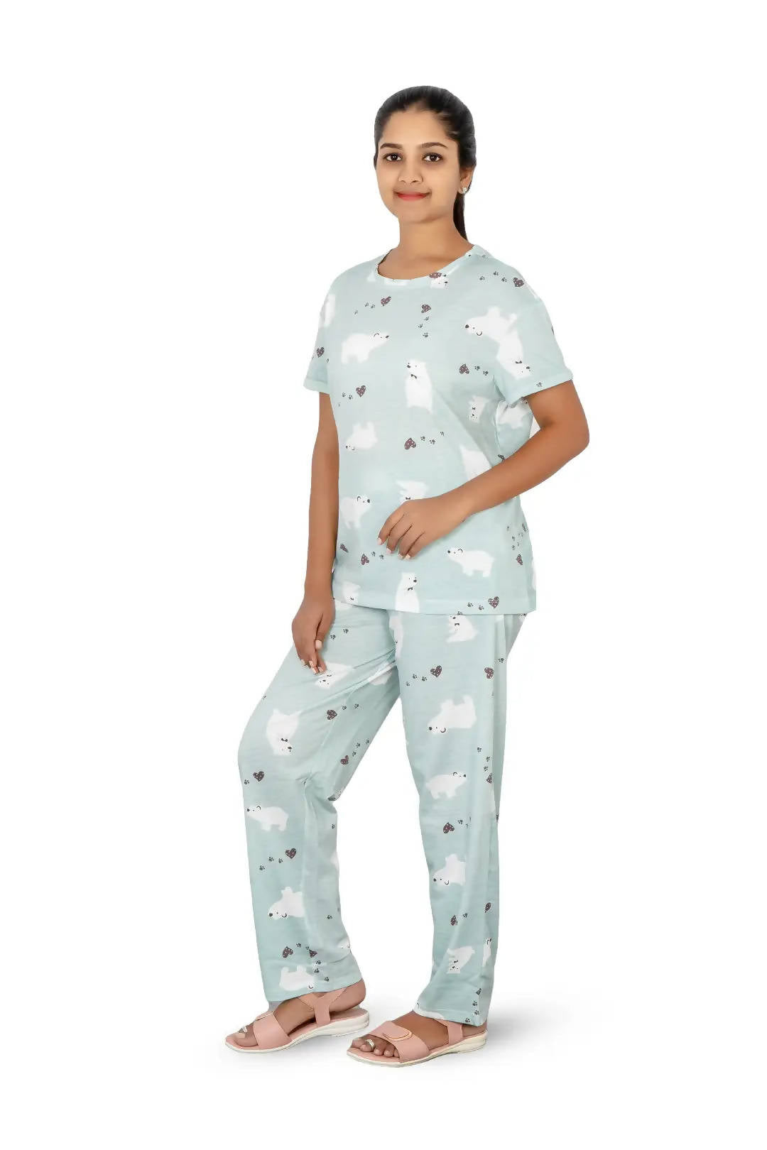 Light Teal Bear Love Floral Print Women's PJ Set