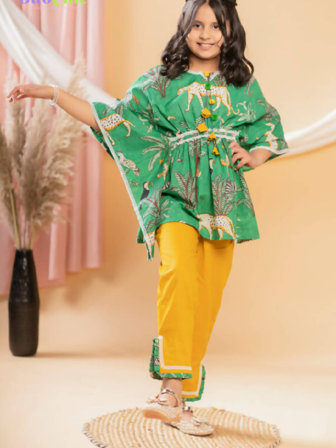 Green Animal Print Kaftan With Mustard Pants