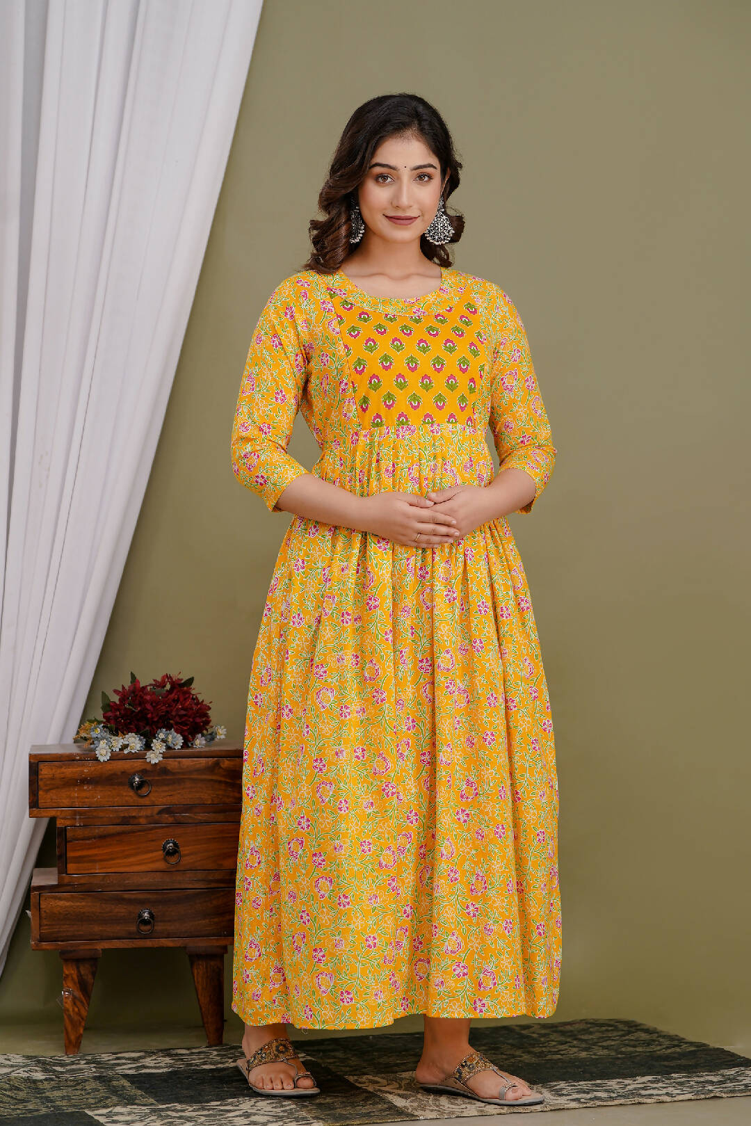 Yellow Floral Printed Cotton Feeding Kurti