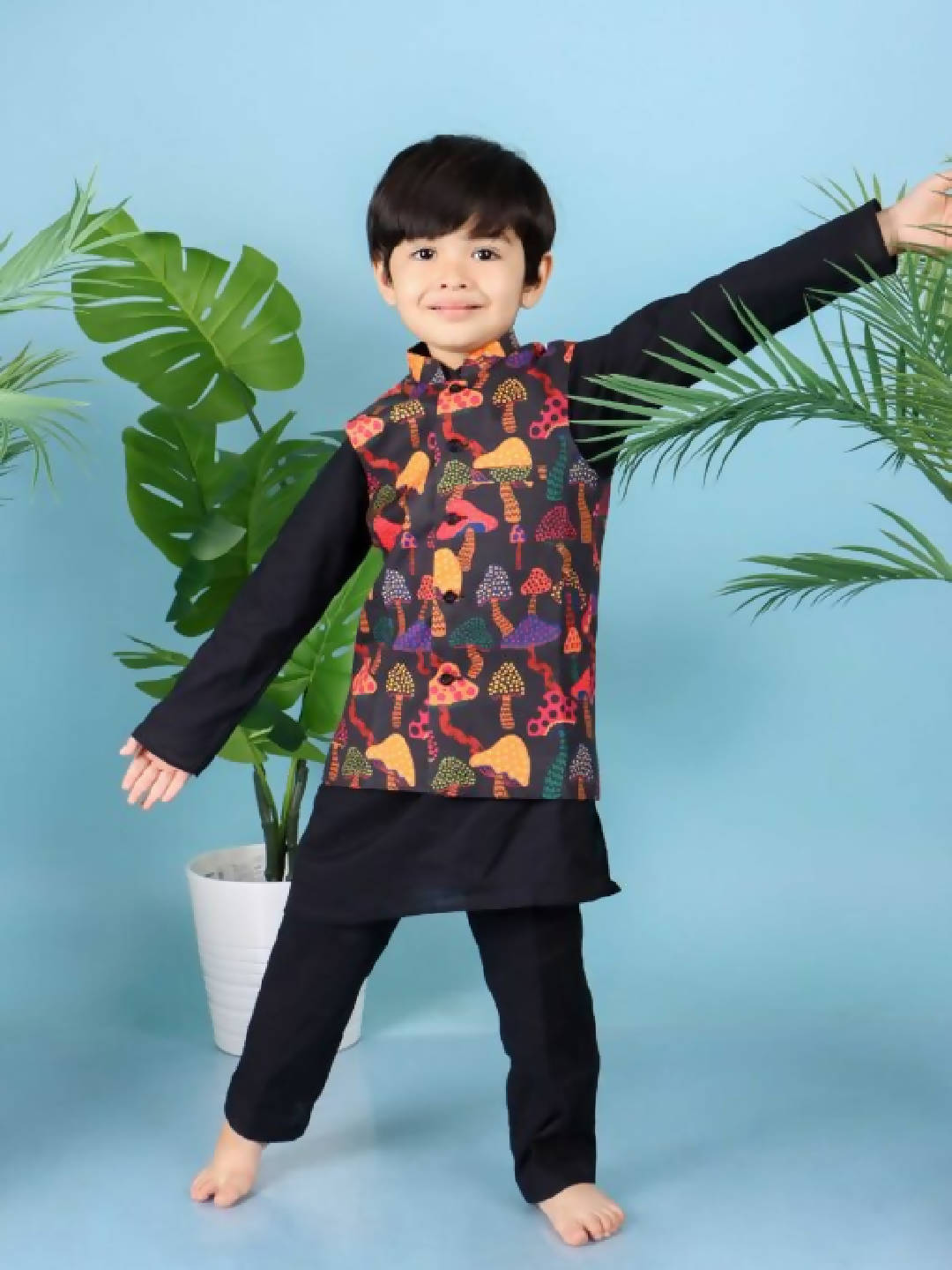 Mushroom Printed Jacket With Black Kurta Pajama