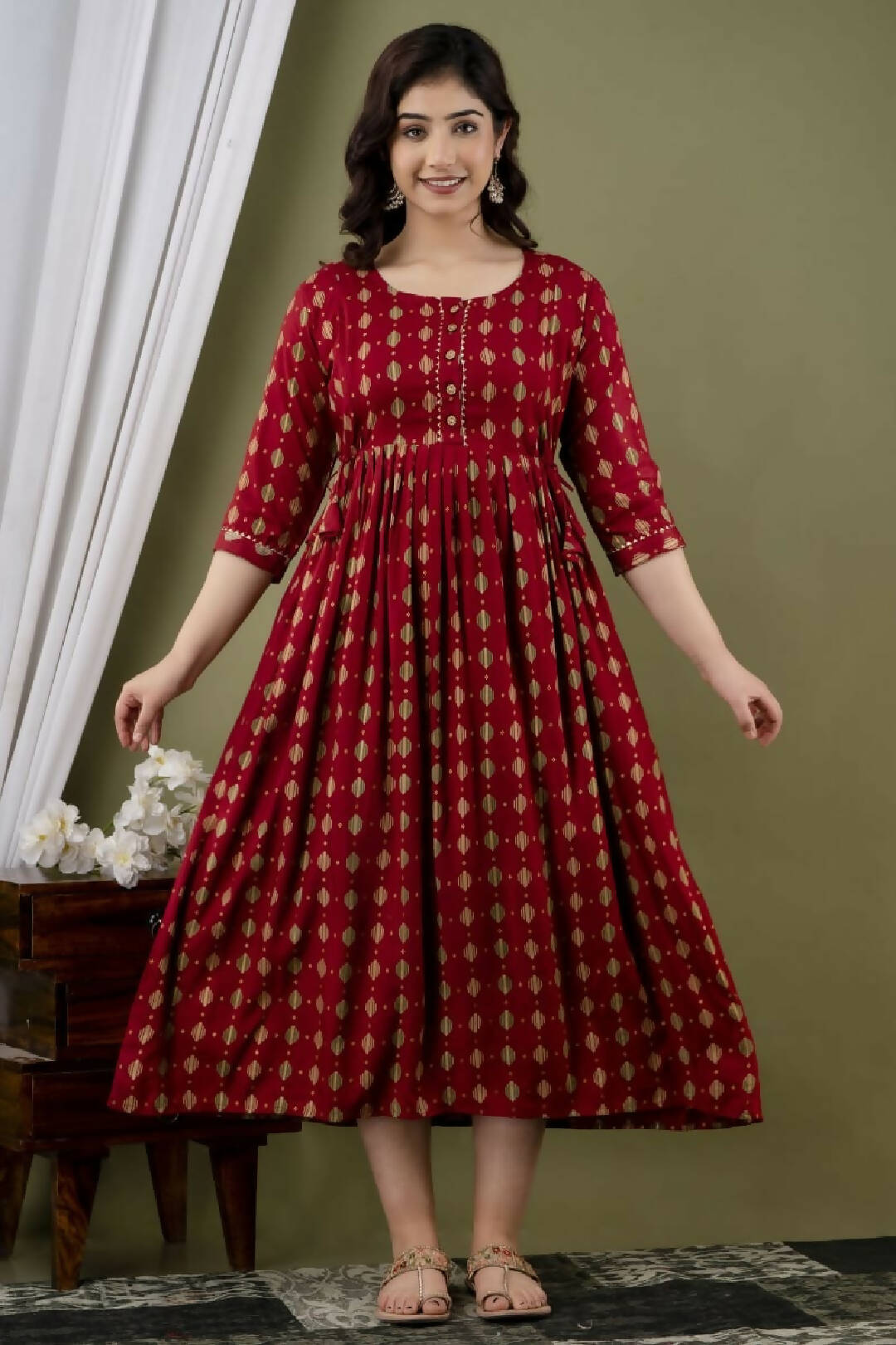 Red Rangin Block Rayon Maternity and Feeding Kurti