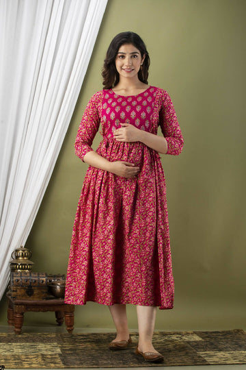 Pink Sanganeri Cotton Feeding Kurti