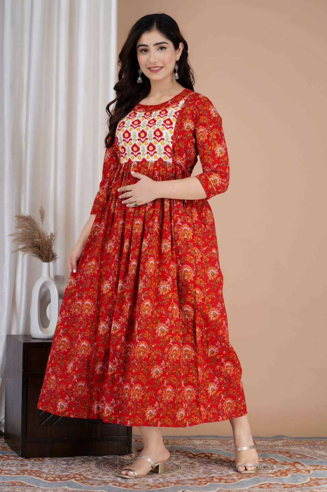 Sanganeri Red Cotton Feeding Kurti