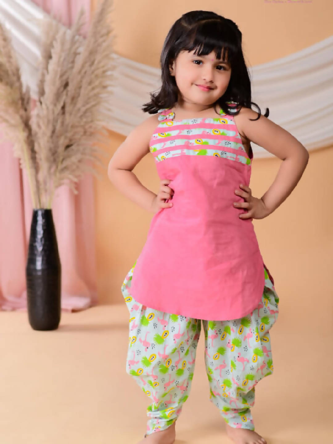 Pink Kurta With Flamingo Print Dhoti