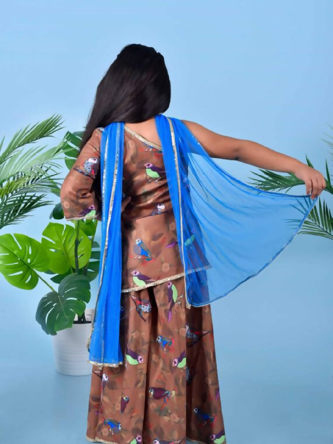 Bird Printed Brown Kurta With Palazzos And Blue Dupatta