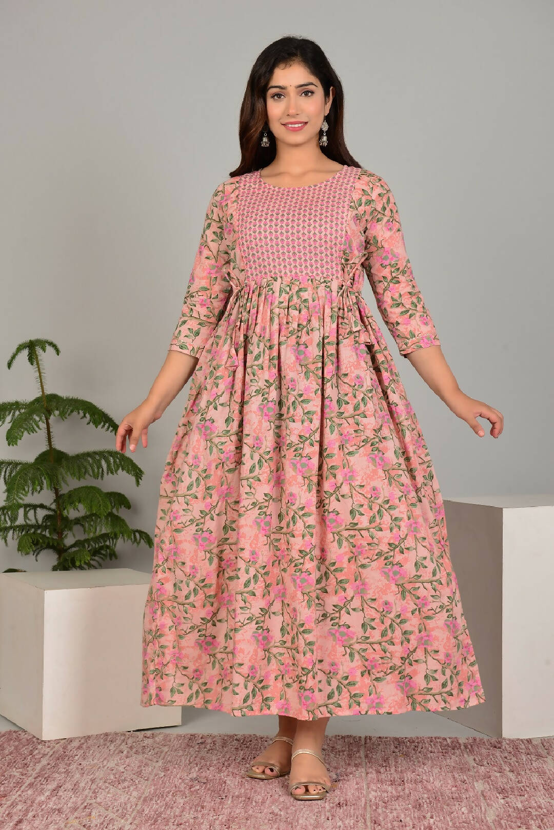 Sanganeri Peach Cotton Feeding Kurti