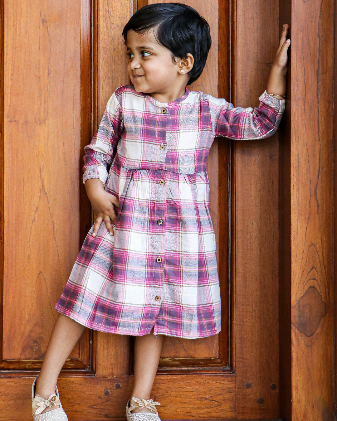 Pink Checked Printed Girls Frock