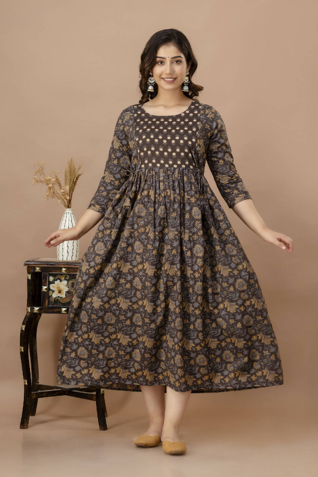 Sanganeri Brown Cotton Feeding Kurti