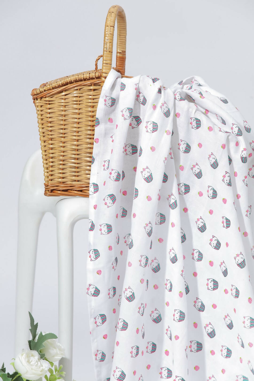 Strawberry Kitty Printed Organic Muslin Swaddle