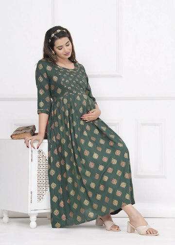 Green Rayon Maternity and Feeding Kurti