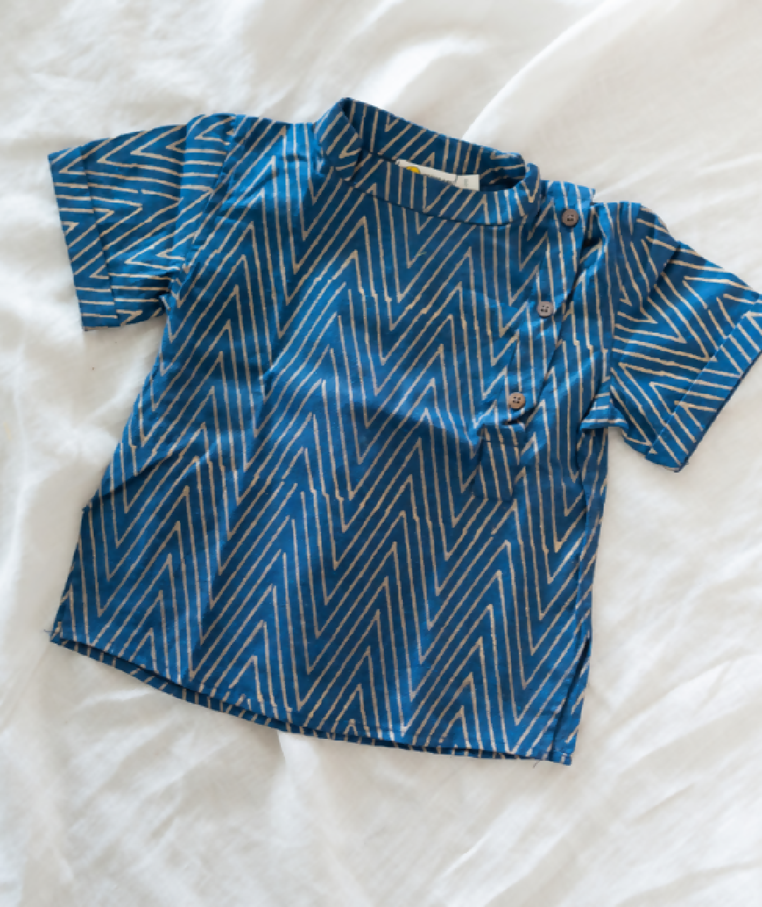 Klingaru Short Kurta - Festive Blue with Handblock Golden Zig Zag