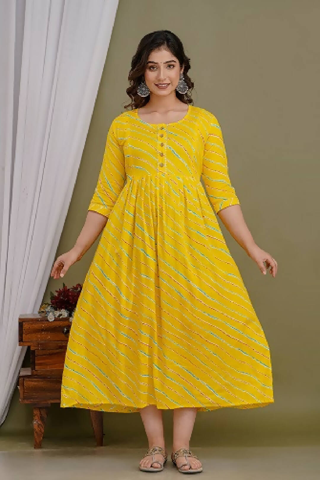 Yellow Lahriya Printed Cotton Feeding Kurti